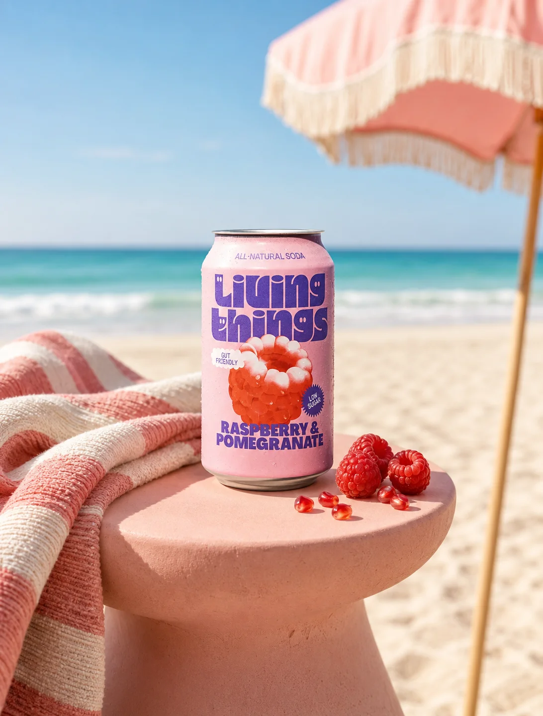 Shooting photo produit IA — Living Things, boisson